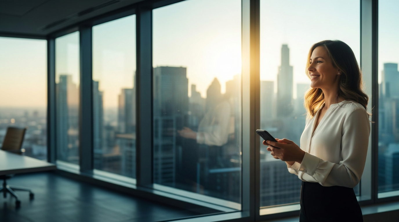 A business professional at a high-rise window at dusk — the exhale after the deal funds.